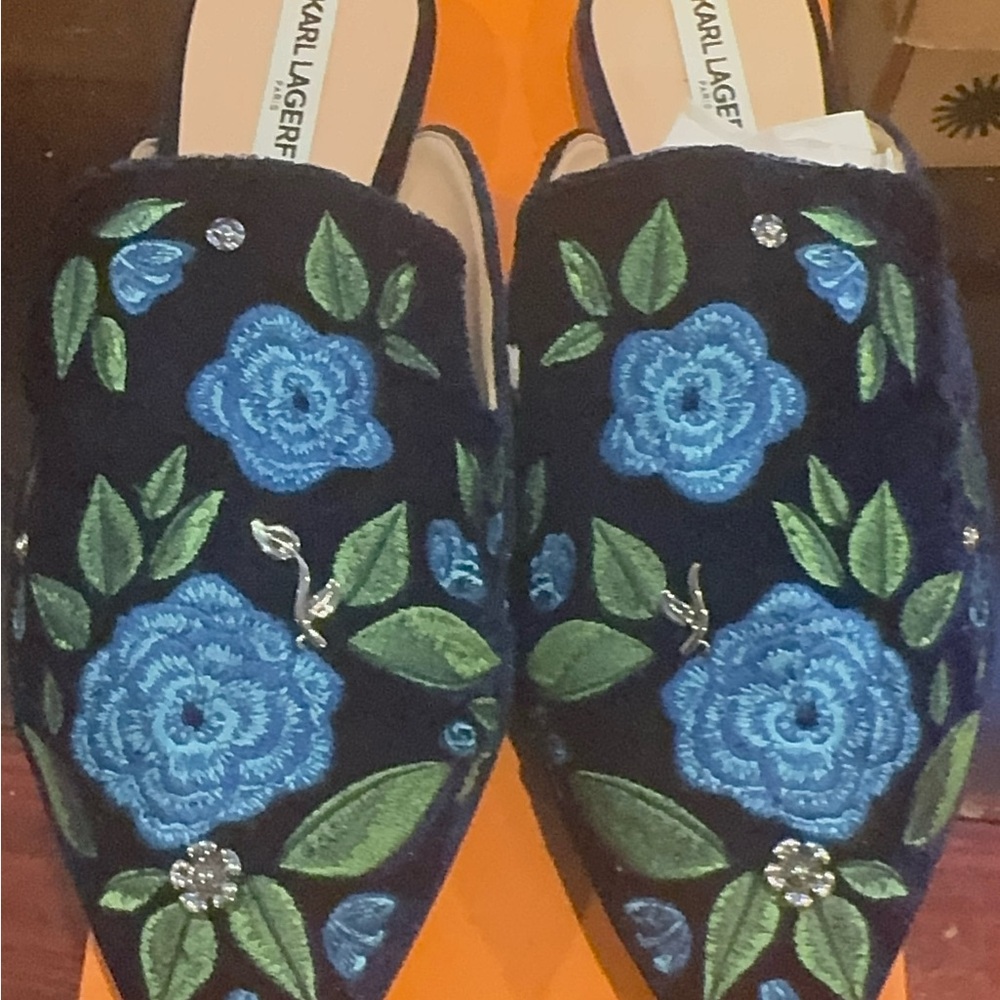 Karl Lagerfeld Navy Velvet Floral Embroidered Mules with Blue Flowers